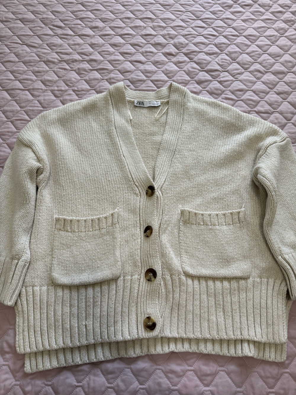Zara Beige Button-Front Knit Cardigan